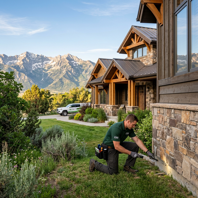 Summit Shield pest control technician inspecting a mountain-style home exterior in Coalville, Utah