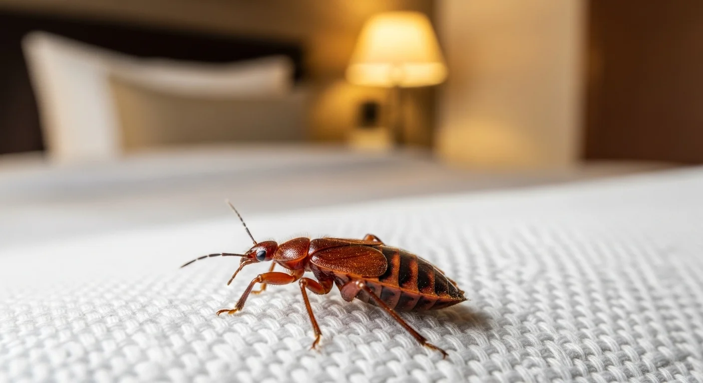 Bed bug on hotel mattress fabric in Park City — how bed bugs travel into Utah homes