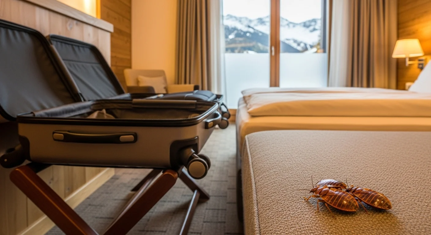 Open suitcase on hotel luggage rack in a Park City ski resort room — bed bug travel risk