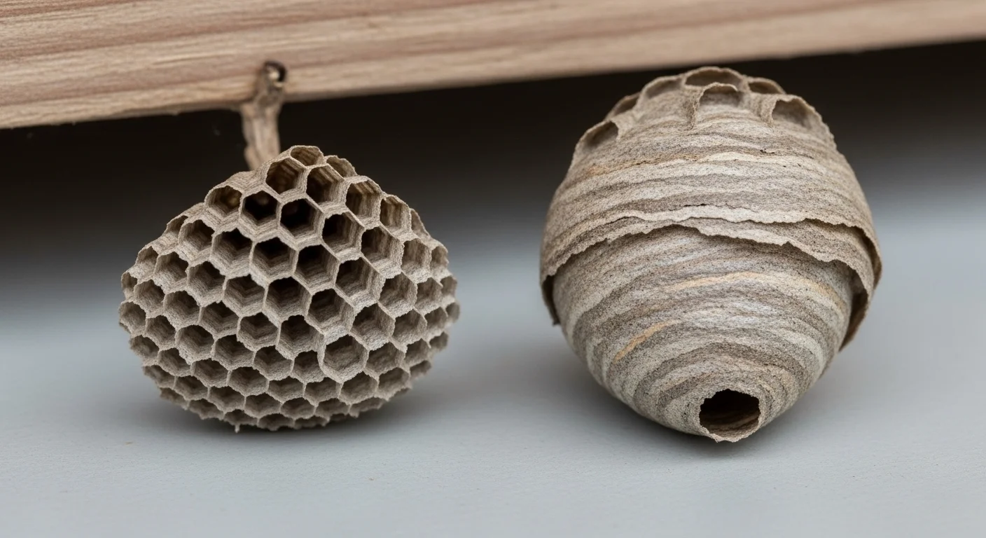 Paper wasp open-celled umbrella nest vs yellow jacket enclosed papery nest comparison